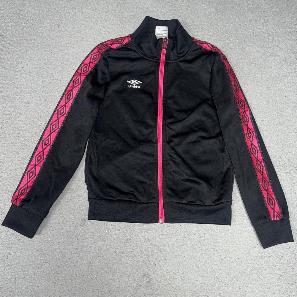 Umbro Track Jacket Youth Size M Black Pink Trim Diamond Stripe Embroidered Logo